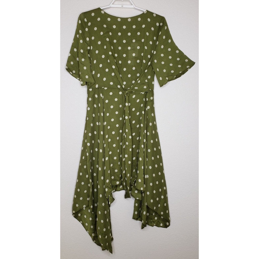 Chriselle Lim Dress Sz XL Green with Cream Polka Dot Asymmetrical Hem Belted NWT